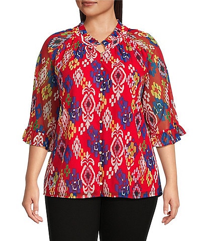 Calessa Plus Size Mesh Knit Printed Round Split Neck 3/4 Sleeve Button Front Tunic