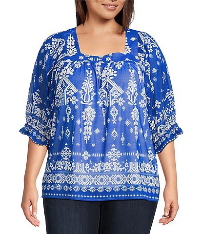 Calessa Plus Size Mesh Knit Printed Square Neck Elbow Sleeve Tunic