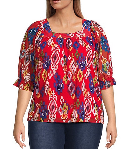 Calessa Plus Size Mesh Knit Printed Square Neck Elbow Sleeve Tunic