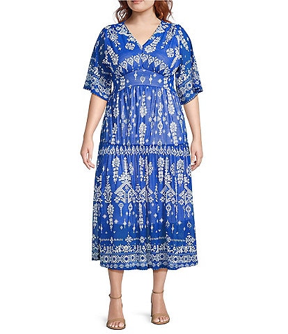 Calessa Plus Size Mesh Knit Printed V-Neck Short Sleeve Maxi Dress