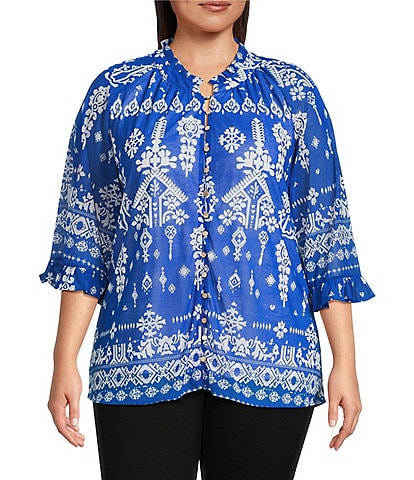 Calessa Plus Size Mesh Knit Split V-Neck 3/4 Sleeve Border Henna Print Tunic
