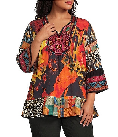 Calessa Plus Size Mixed Floral Print Embroidered Split V-Neck 3/4 Bell Sleeve Tunic