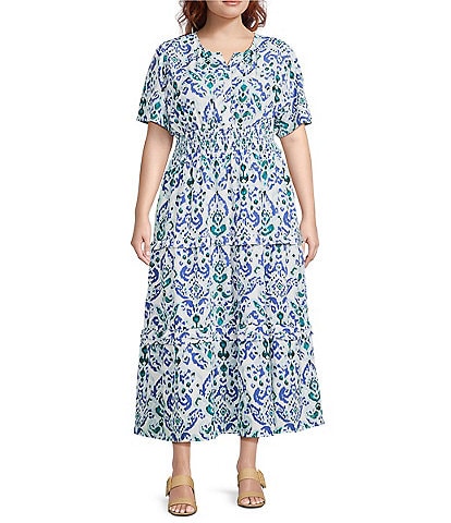 Calessa Plus Size Modern Ikat Print Split V-Neck Short Sleeve Tiered Maxi Dress