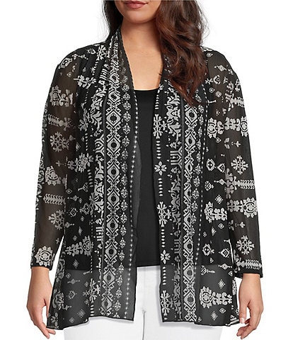 Calessa Plus Size Modern Mosaic Knit Mesh Shawl Collar Open Front Cardigan