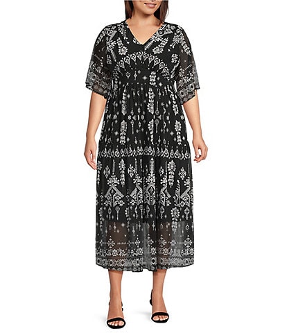 Calessa Plus Size Modern Mosaic V-Neck Short Sleeve Tiered A-line Midi Dress
