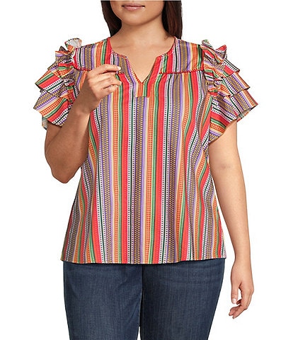 Calessa Plus Size Multi Stripe Split V-Neck Short Ruffle Sleeve Tunic