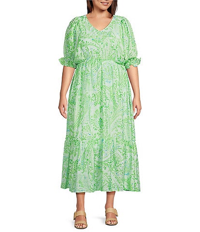Calessa Plus Size Paisley Print V-Neck Elbow Sleeve Tiered Dress