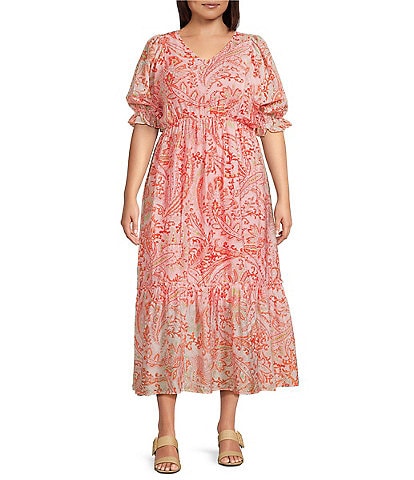 Calessa Plus Size Paisley V-Neck 3/4 Bishop Sleeve Tiered Dress