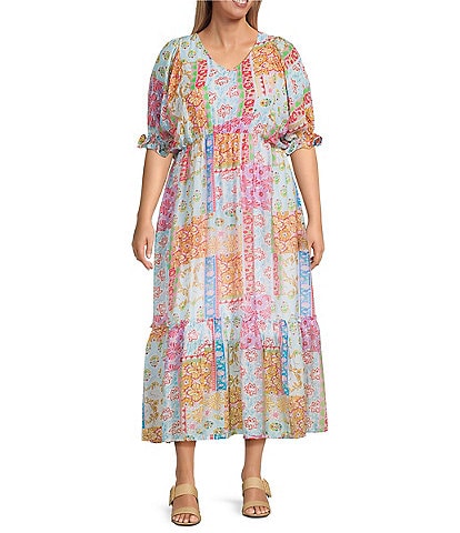 Calessa Plus Size Patchwork Mosaic Print V-Neck Wrist Length Sleeve Tiered Dress