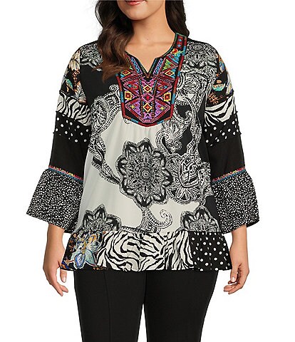 Calessa Plus Size Patchwork Print Embroidered Bib 3/4 Bell Sleeve Tunic
