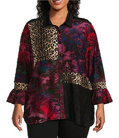 Calessa Plus Size Patchwork Tie Dye Burnout Knit Point Collar Long Sleeve Button Front Tunic