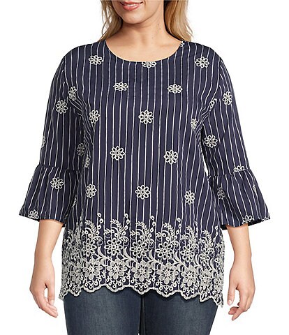 Calessa Plus Size Pinstriped Border Print 3/4 Bell Sleeve Embroidered Scalloped Hem Tunic