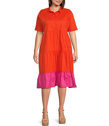 Calessa Plus Size Point Collar Short Sleeve Tiered Color Block Dress
