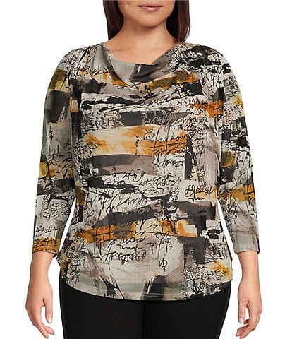 Calessa Plus Size Printed Drape Neck Long Sleeve Mesh Knit Top