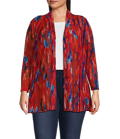 Calessa Plus Size Printed Mesh Open Front Long Sleeve Cardigan