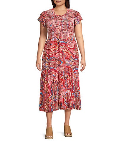 Calessa Plus Size Printed Scoop Neck Short Ruffle Sleeve Ruffle Dress