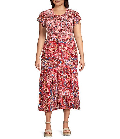 Calessa Plus Size Printed Scoop Neck Short Ruffle Sleeve Ruffle Dress