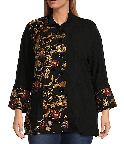 Calessa Plus Size Printed Texture Knit Wire Collar Long Sleeve Patch Pocket Button Front Tunic