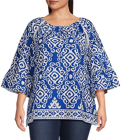 Calessa Plus Size Scoop Neck 3/4 Sleeve Pullover Blouse