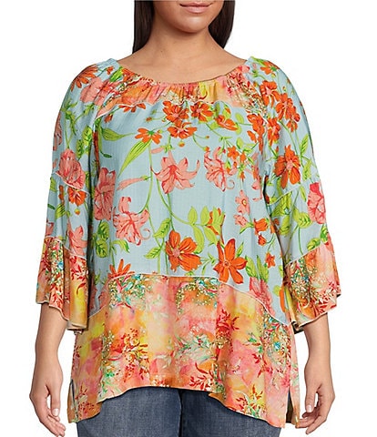 Calessa Plus Size Size Floral Print Scoop Neck 3/4 Tiered Sleeve Tunic