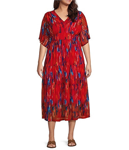 Calessa Plus Size Stretch Mesh Abstract Print V-Neck Short Flutter Sleeve Tiered Hem Midi Dress