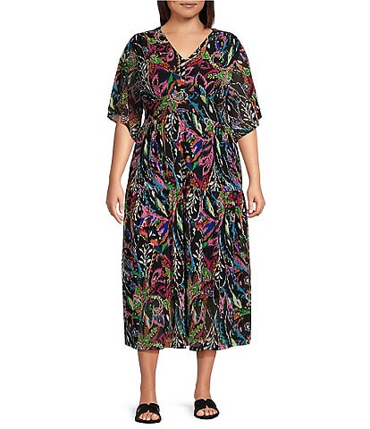 Calessa Plus Size Stretch Mesh Abstract Print V-Neck Short Flutter Sleeve Tiered Hem Midi Dress