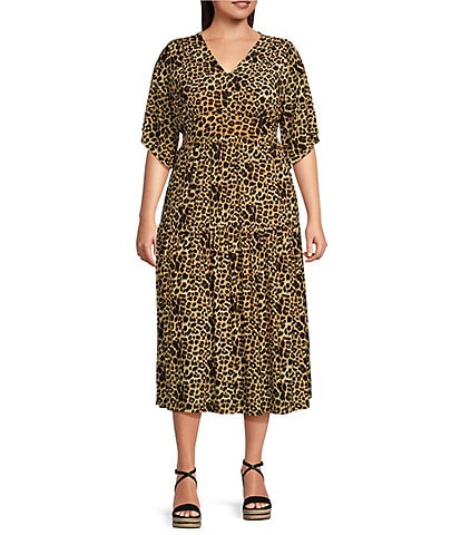 Calessa Plus Size Stretch Mesh Cheetah Print V-Neck Elbow Sleeve Tiered A-Line Dress