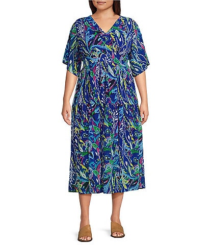Calessa Plus Size Stretch Mesh Paisley Print V-Neck Short Flutter Sleeve Tiered Hem Midi Dress