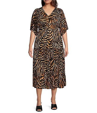 Calessa Plus Size Stretch Mesh Tiger Print V-Neck Flutter Sleeve Tiered Hem Midi Dress