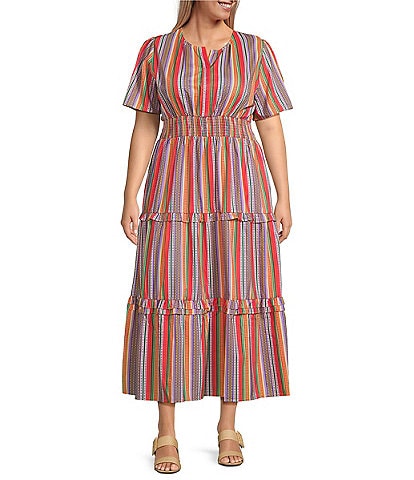 Calessa Plus Size Stripe Round Split Neck Short Sleeve Midi Dress