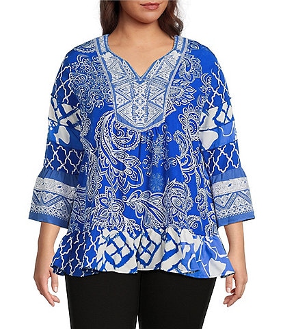 Calessa Plus Size Summer Paisley Split V-Neck Embroidered Tunic