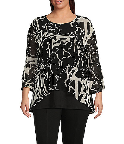 Calessa Plus Size Swirl Abstract Print Mesh Knit Scoop Neck 3/4 Sleeve Hi-Low Overlay Tunic
