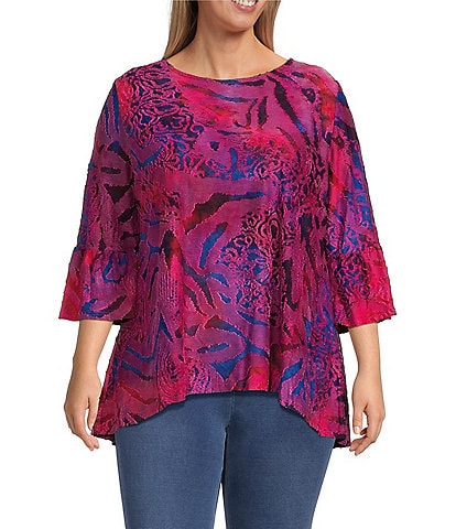 Calessa Plus Size Textured Knit Burnout Tie Dye 3/4 Bell Sleeve Blouse