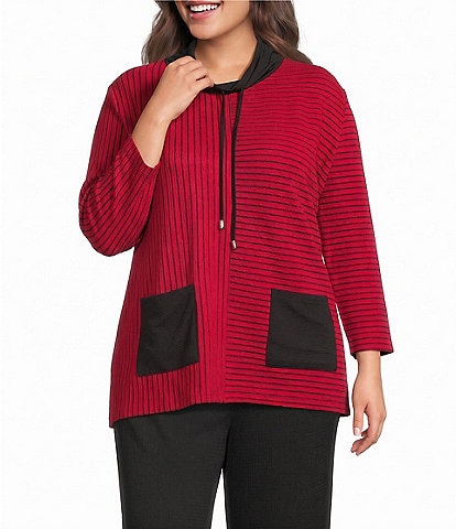 Calessa Plus Size Textured Knit Contrast Drawstring Cowl Neck 3/4 Sleeve Patch Pocket Tunic