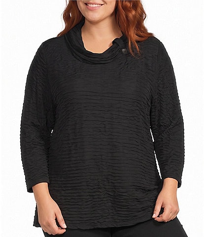 Calessa Plus Size Textured Knit Cowl Neck 3/4 Sleeve Top