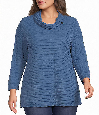 Calessa Plus Size Textured Knit Cowl Neck 3/4 Sleeve Top