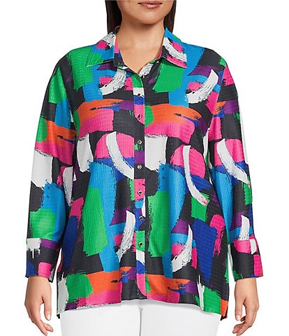 Calessa Plus Size Textured Knit Geometric Multicolor Point Collar Long Sleeve Button-Front Tunic