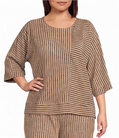 Calessa Plus Size Textured Knit Round Neck 3/4 Roll-Tab Sleeve Coordinating Tunic