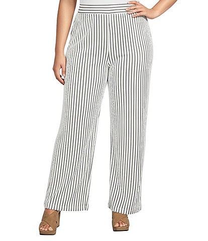 Calessa Plus Size Textured Knit Stripe Wide Leg Pull-On Ankle Pants