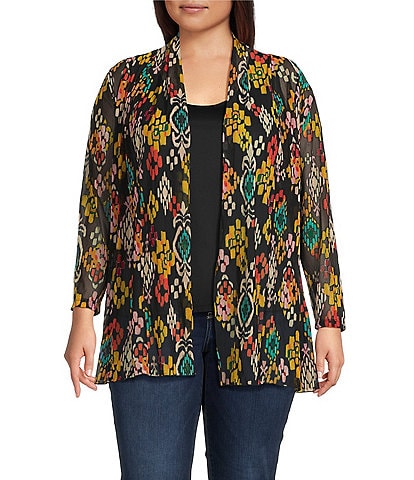 Calessa Plus Size Textured Mesh Tie-Dye Burnout Open Front Cardigan