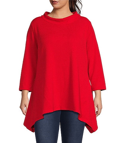 Calessa Plus Size Textured Puckered Knit Funnel Neck Bracelet Sleeve Tunic