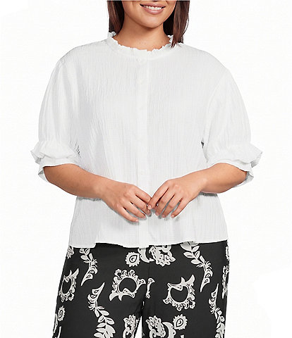 Calessa Plus Size Textured Split Tie Neck Elbow Length Sleeve Button Front Tunic