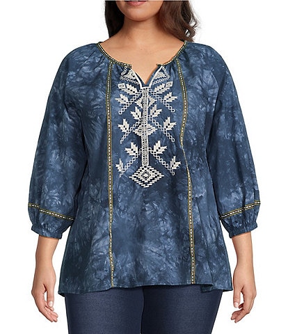 Calessa Plus Size Tie Dye Embroidered Split V-Neck Long Sleeve Tunic
