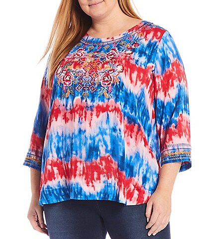 Calessa Plus Size Tie Dye Embroidery Round Neck 3/4 Sleeve Top
