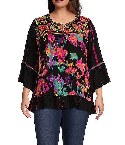 Calessa Plus Size Tie-Dye Woven Embroidered Detail Patchwork Print 3/4 Sleeve Tunic
