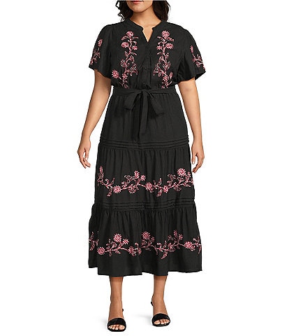 Calessa Plus Size V-Neck Short Balloon Sleeve Comfort Tiered Floral Embroidered Midi Dress
