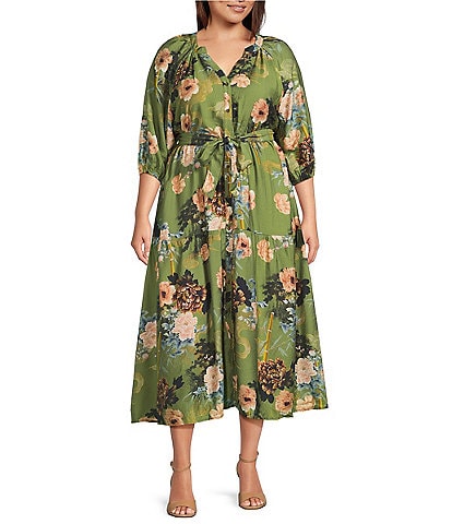 Calessa Plus Size V-Neck Wrist Elasticated Long Sleeved Tiered Floral Printed A-Line Midi Dress