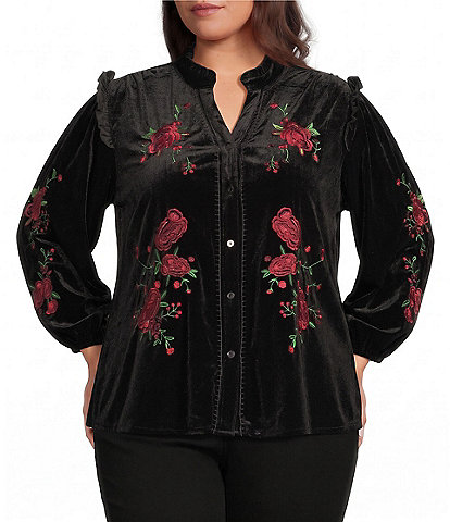 Calessa Plus Size Velvet Floral Embroidered Ruffle Split V-Neck Long Sleeve Button Front Shirt