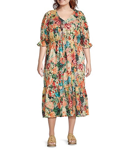 Calessa Plus Size Vintage Floral V-Neck Elbow Sleeve A-Line Maxi Dress