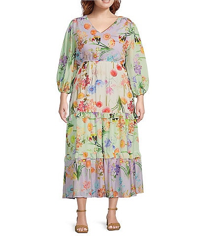 Calessa Plus Size Vintage Floral V-Neck Wrist Sleeve Tiered Midi Dress